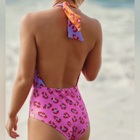 🎉HP New Farm Rio Leopard Patchwork Med 8/10 Halter Pink Purple 
Maillot Tie Swim - Picture 11 of 13